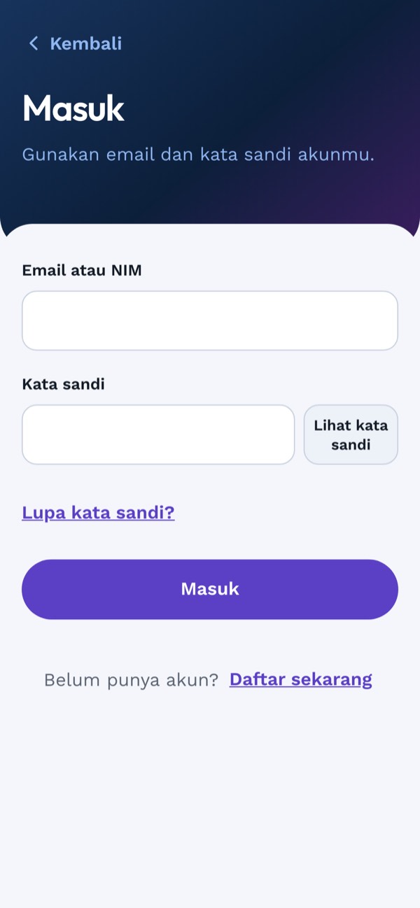 Layar masuk dengan kolom email atau NIM dan kata sandi