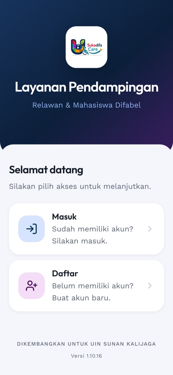 Layar sambutan SukadifaCare dengan tombol Daftar dan Masuk