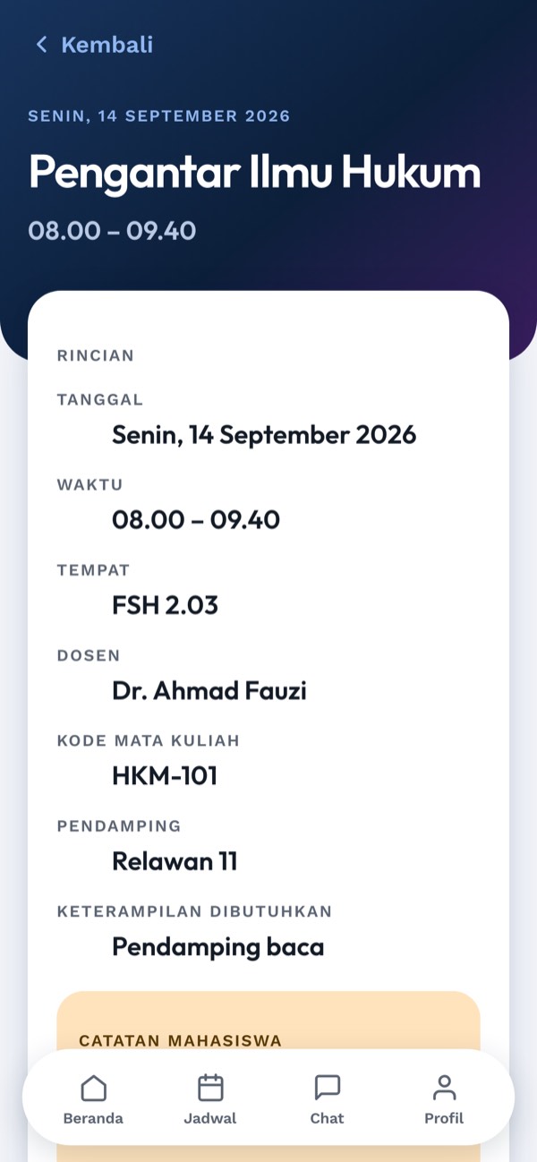 Detail sesi: mata kuliah, jam, ruang, dan pendamping