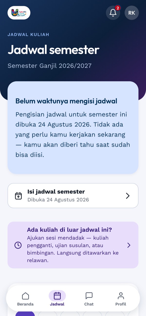 Layar jadwal mahasiswa dengan daftar mata kuliah