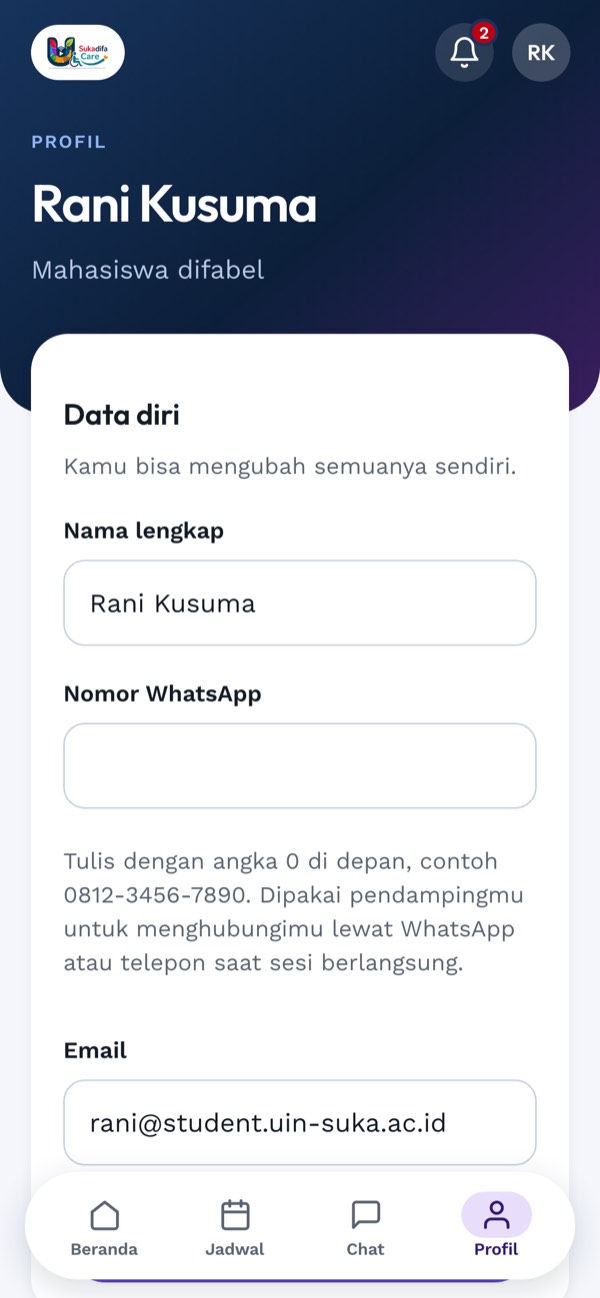 Halaman profil mahasiswa