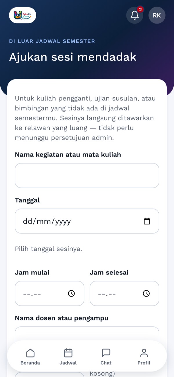 Borang pengajuan sesi mendadak
