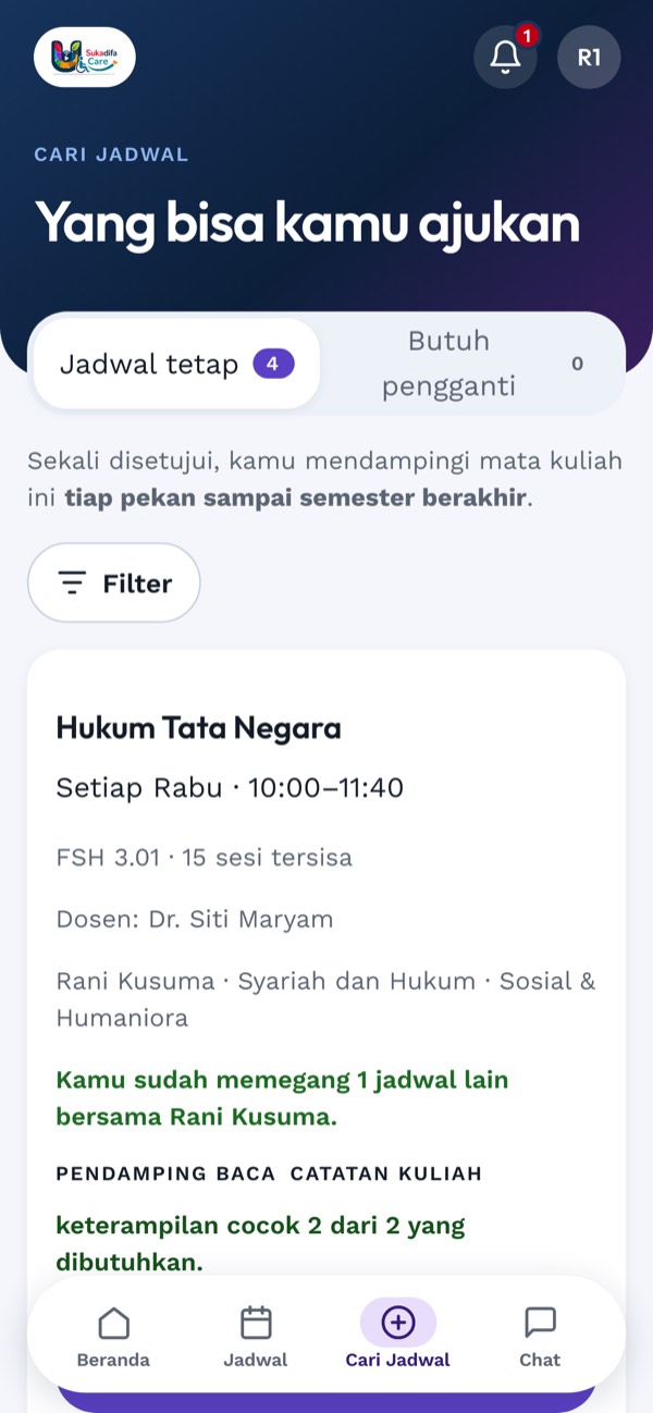 Layar Cari Jadwal dengan tab jadwal tetap dan sesi pengganti